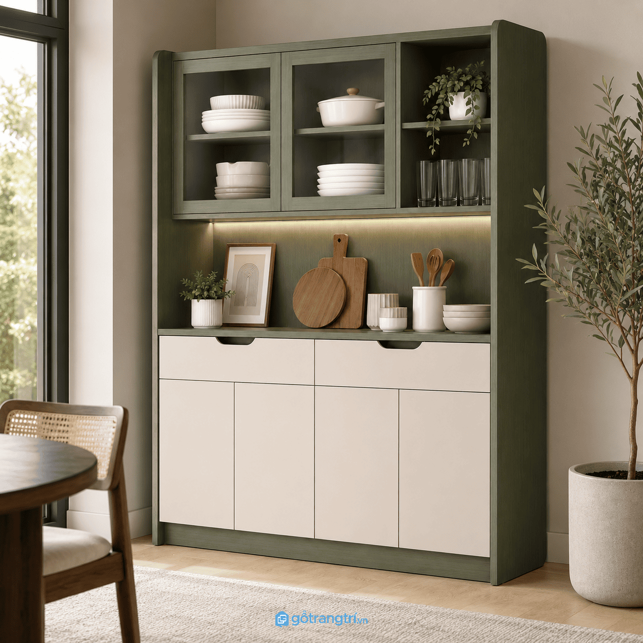 Chi tiết thiết kế Tủ kệ bếp đa năng có tủ kính hiện đại 140cm GHS-5065