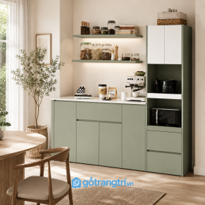 Chi tiết thiết kế Tủ Pantry Màu Xanh Olive Hiện Đại Kết Hợp Quầy Cà Phê GHS-5027