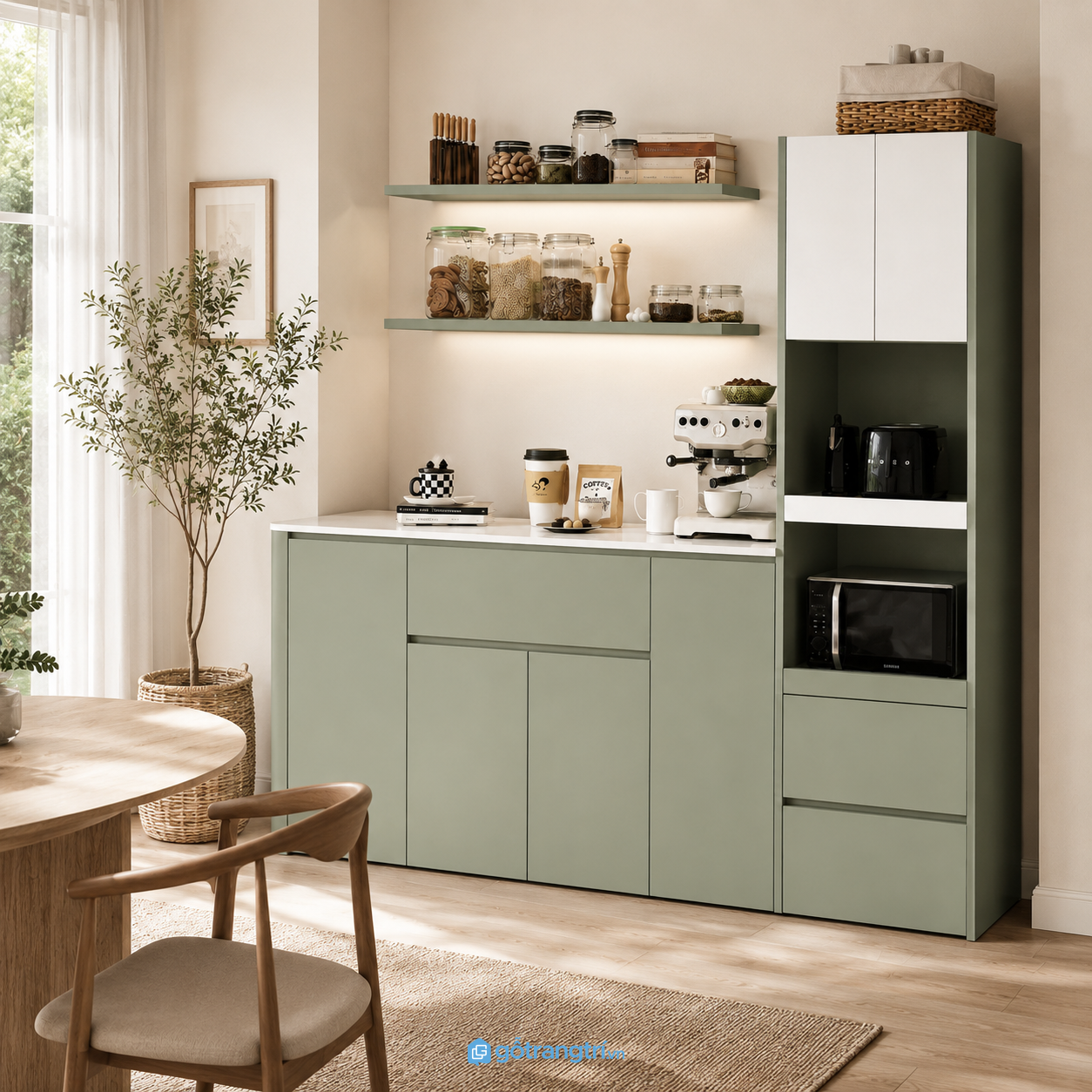 Chi tiết thiết kế Tủ Pantry Màu Xanh Olive Hiện Đại Kết Hợp Quầy Cà Phê GHS-5027 Chi tiết thiết kế Tủ Pantry Màu Xanh Olive Hiện Đại Kết Hợp Quầy Cà Phê GHS-5027