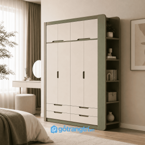 Chi tiết thiết kế Tủ quần áo 4 cánh có kệ trang trí hiện đại 160cm GHS-5066
