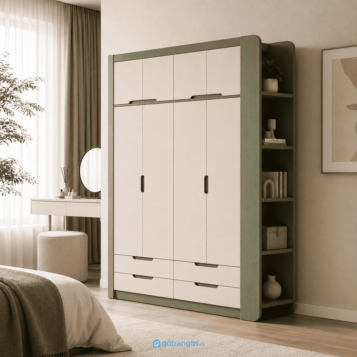 Chi tiết thiết kế Tủ quần áo 4 cánh có kệ trang trí hiện đại 160cm GHS-5066
