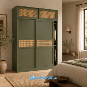 Chi tiết thiết kế Tủ Quần Áo Cánh Lùa Mây Đan Màu Xanh Olive GHS-5029