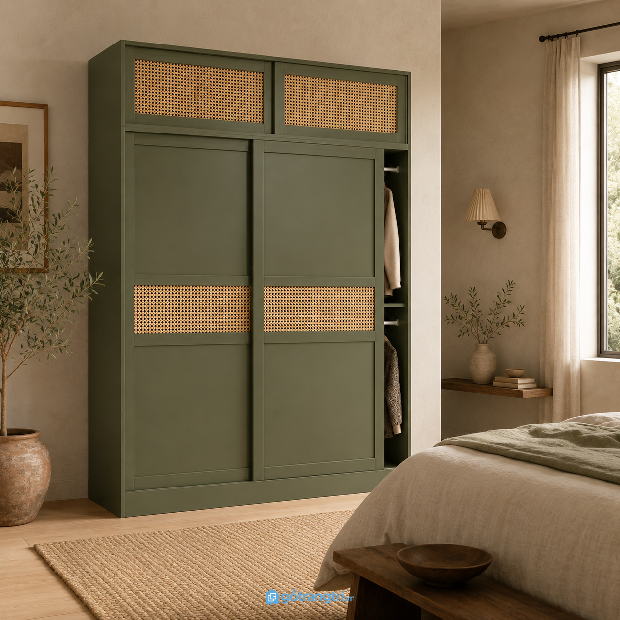 Chi tiết thiết kế Tủ Quần Áo Cánh Lùa Mây Đan Màu Xanh Olive GHS-5029