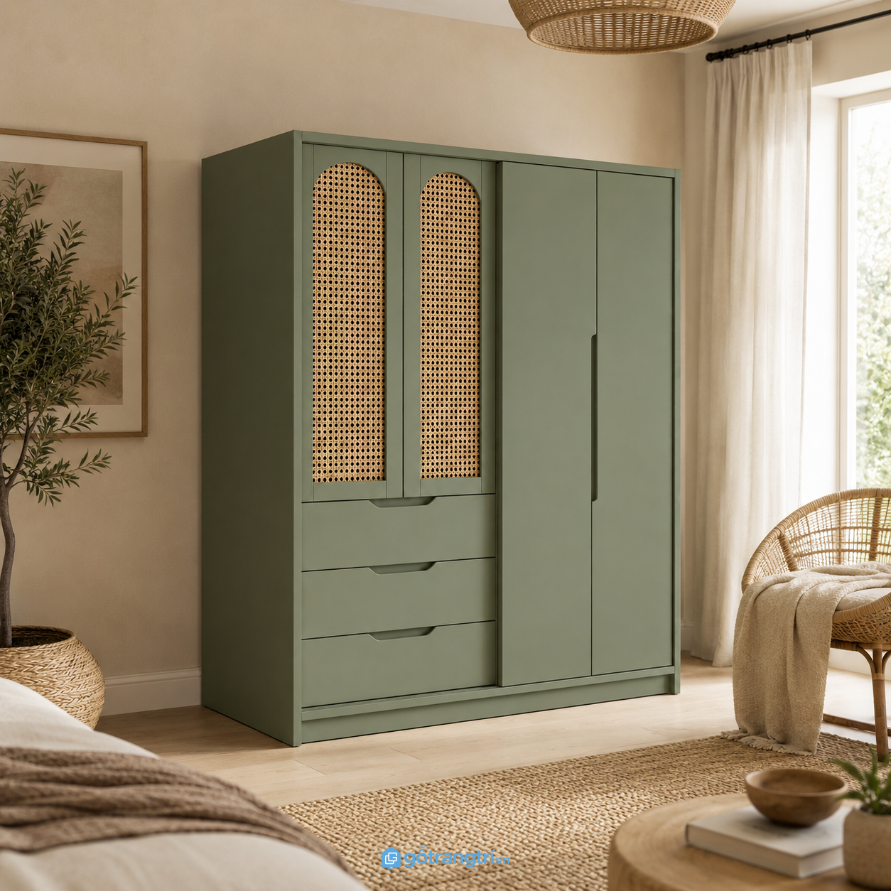 Chi tiết thiết kế Tủ Quần Áo Cánh Mây Màu Xanh Olive Hiện Đại GHS-5028