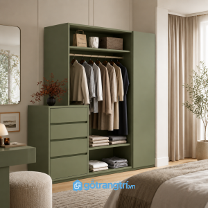 Chi tiết thiết kế Tủ quần áo cửa lùa màu xanh olive có ngăn kéo GHS-5031
