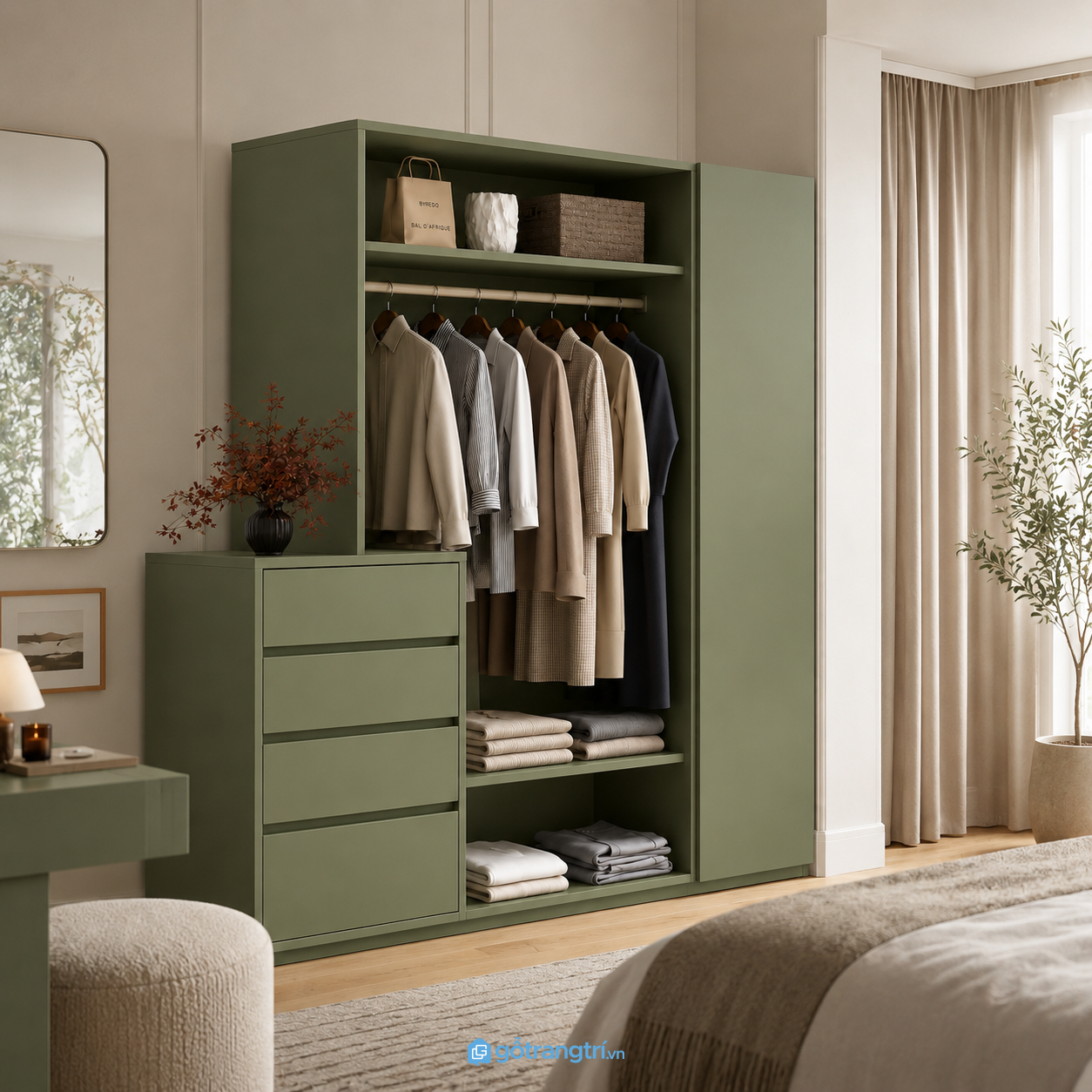 Chi tiết thiết kế Tủ quần áo cửa lùa màu xanh olive có ngăn kéo GHS-5031 Chi tiết thiết kế Tủ quần áo cửa lùa màu xanh olive có ngăn kéo GHS-5031