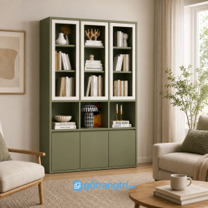 Chi tiết thiết kế Tủ sách cánh kính màu xanh olive hiện đại GHS-5037
