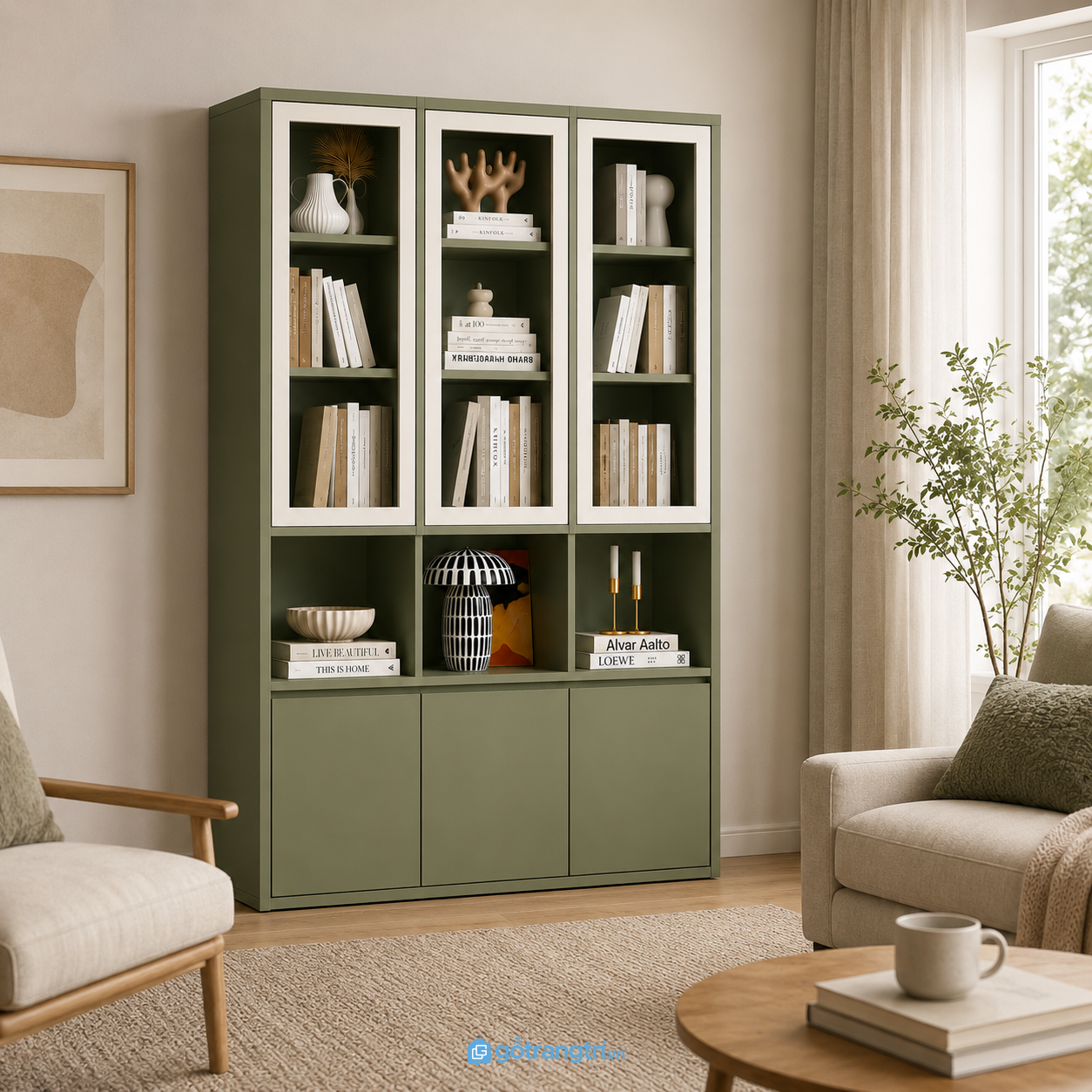 Chi tiết thiết kế Tủ sách cánh kính màu xanh olive hiện đại GHS-5037 Chi tiết thiết kế Tủ sách cánh kính màu xanh olive hiện đại GHS-5037