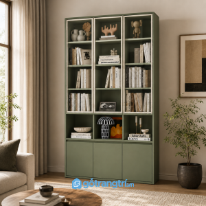 Chi tiết thiết kế Tủ Sách Màu Xanh Olive Cánh Kính Hiện Đại GHS-5012