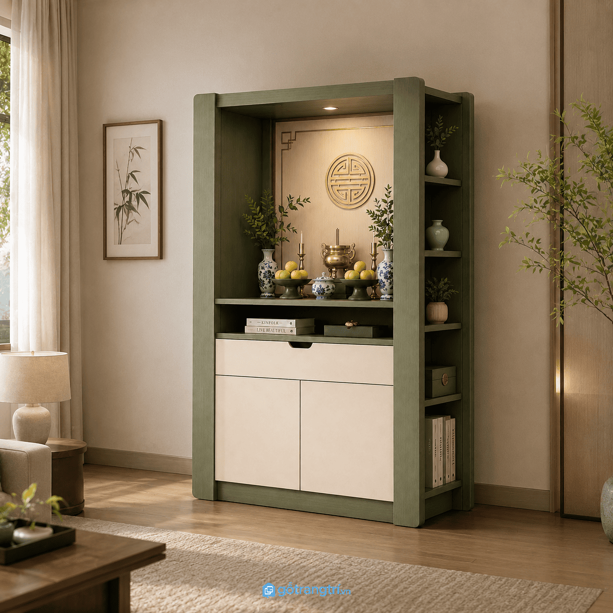Chi tiết thiết kế Tủ thờ hiện đại kết hợp tủ lưu trữ đẹp cho không gian sống GHS-5063