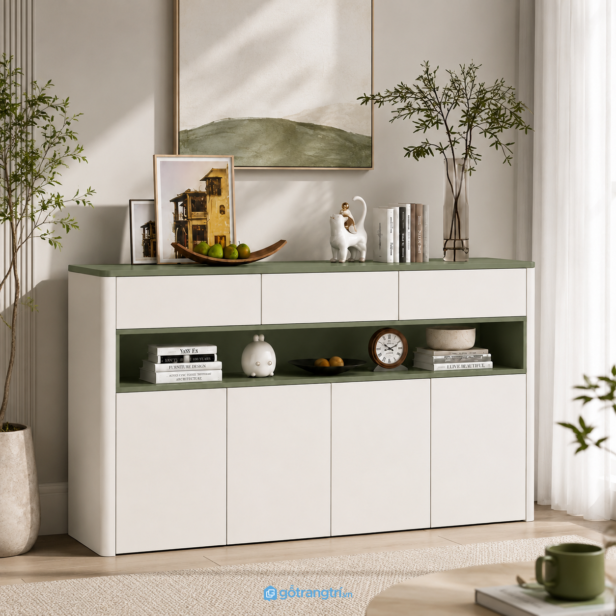 Tủ trang trí phòng khách màu xanh olive