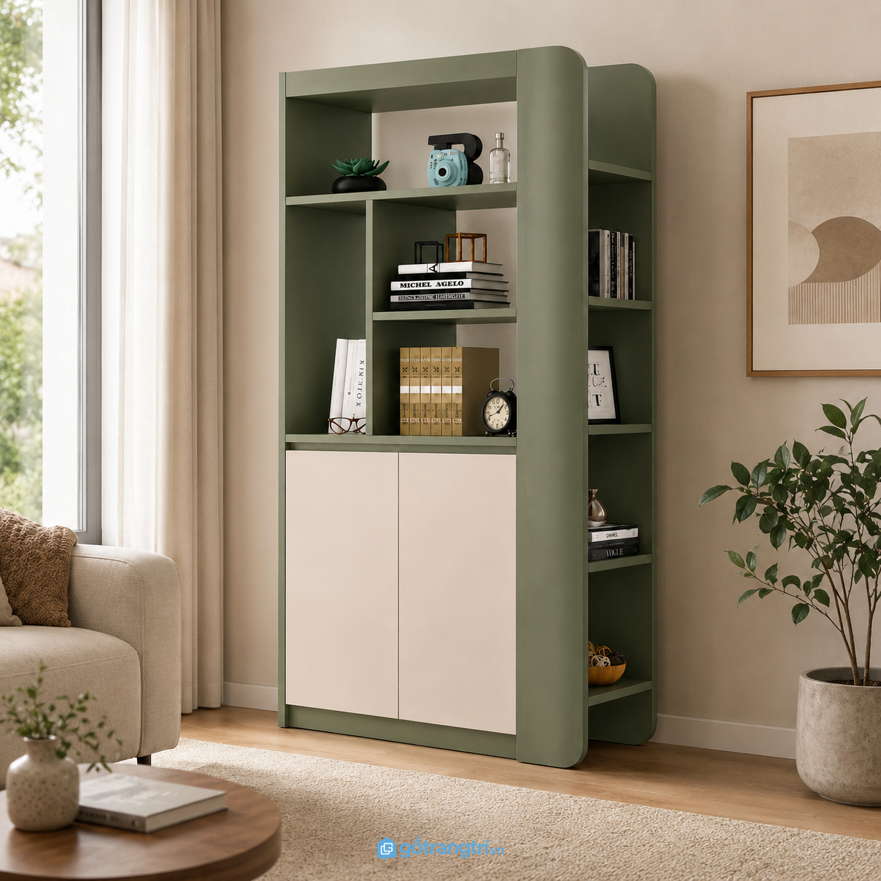 Chi tiết thiết kế Tủ trang trí phòng khách màu xanh olive hiện đại GHS-5045