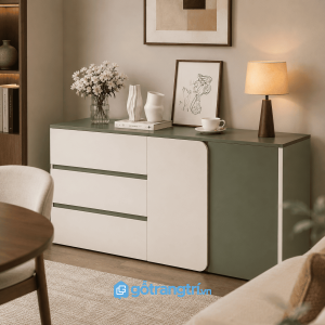 Chi tiết thiết kế Tủ trang trí xanh olive cánh bo cong hiện đại GHS-5056