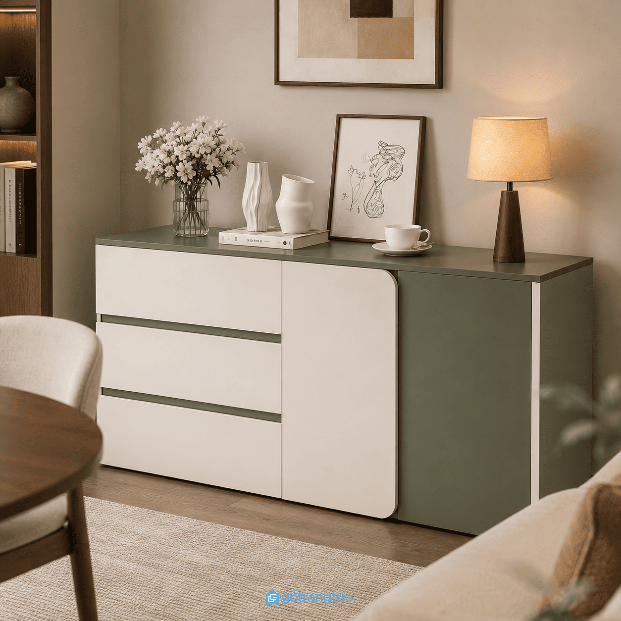 Chi tiết thiết kế Tủ trang trí xanh olive cánh bo cong hiện đại GHS-5056 Chi tiết thiết kế Tủ trang trí xanh olive cánh bo cong hiện đại GHS-5056