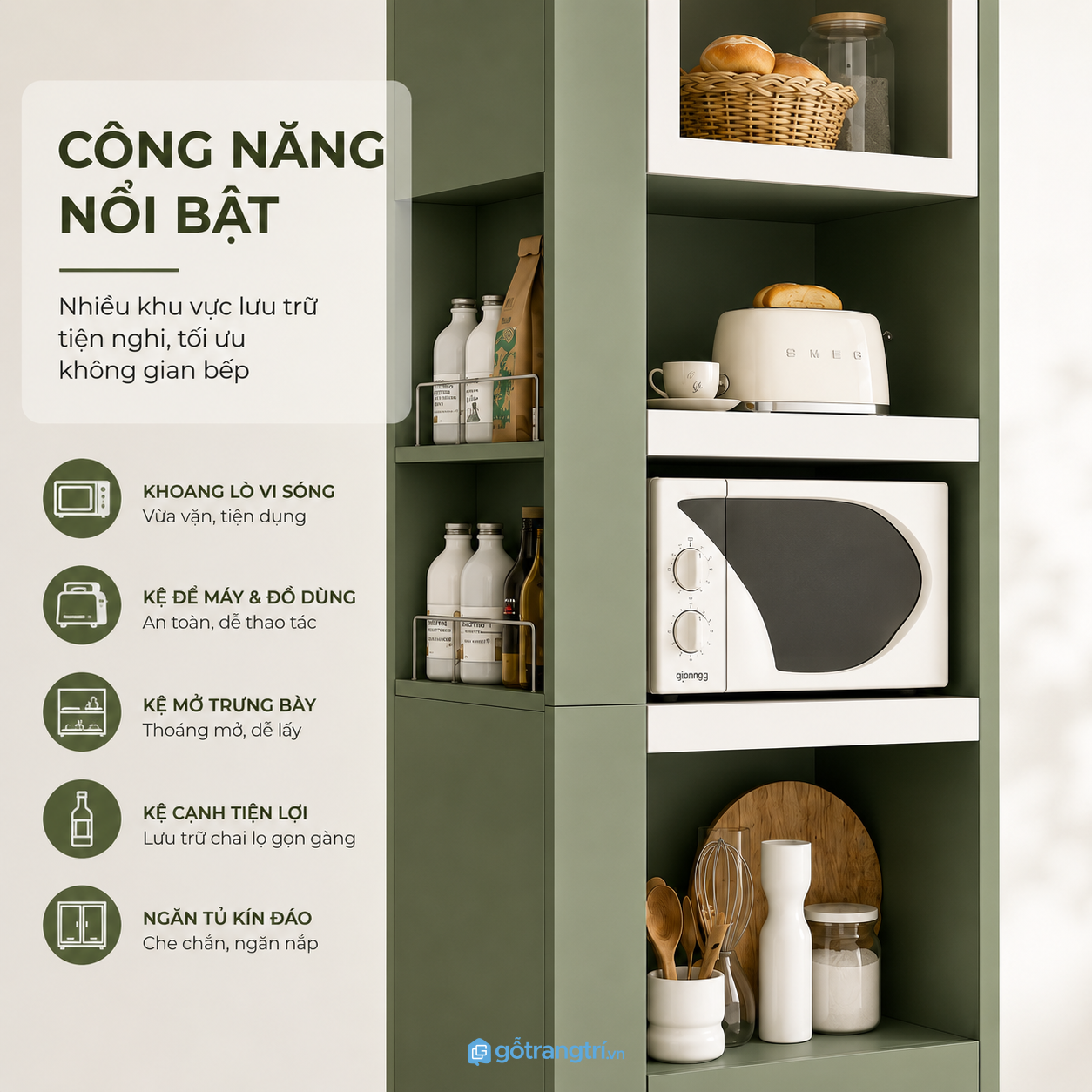 Công năng lưu trữ linh hoạt cho đồ bếp hằng ngày