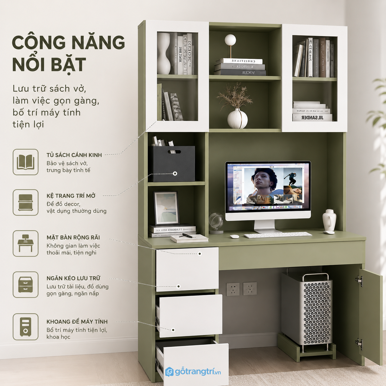 Công năng lưu trữ rộng cho học tập và làm việc Công năng lưu trữ rộng cho học tập và làm việc