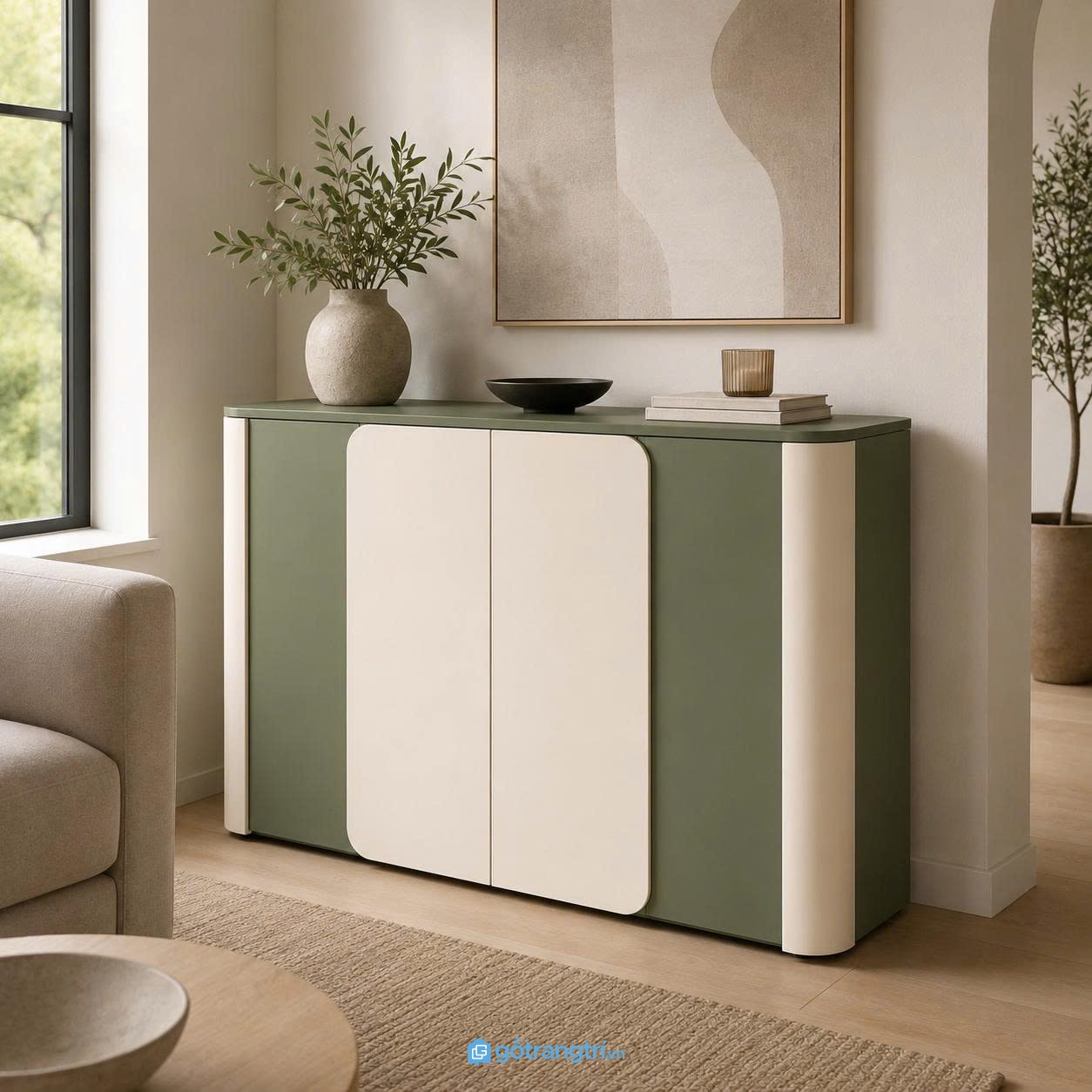 Tủ trang trí phòng khách màu xanh olive hiện đại với thiết kế bo góc tinh tế