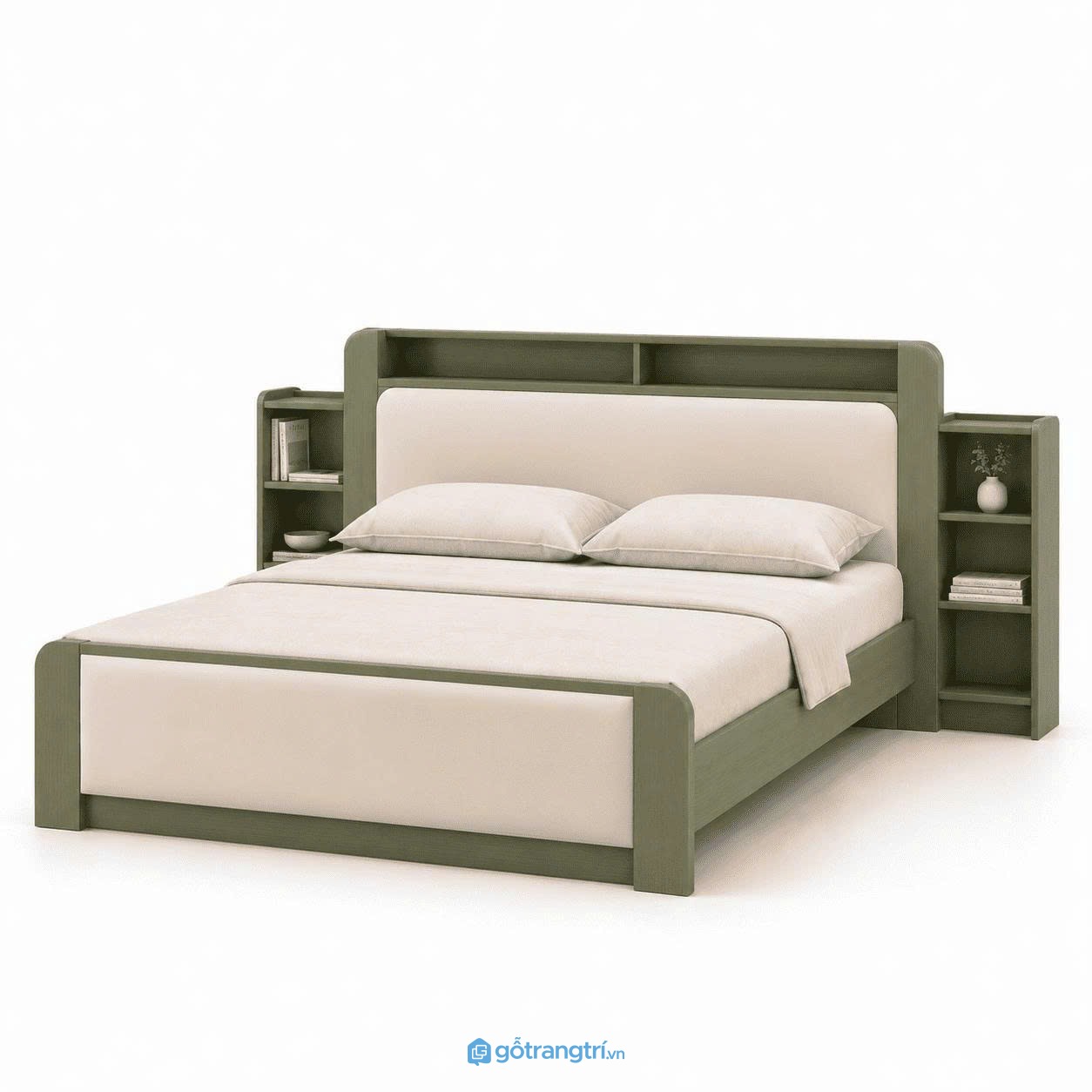 Giường Ngủ Có Kệ Đầu Giường Tích Hợp Màu Xanh Olive GHS-9023 - Lọt nệm 2mx2m - Xanh olive - GHS-9023