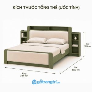 Giường ngủ có kệ đầu giường tích hợp màu xanh olive giúp tối ưu lưu trữ và nâng cao tiện nghi phòng ngủ