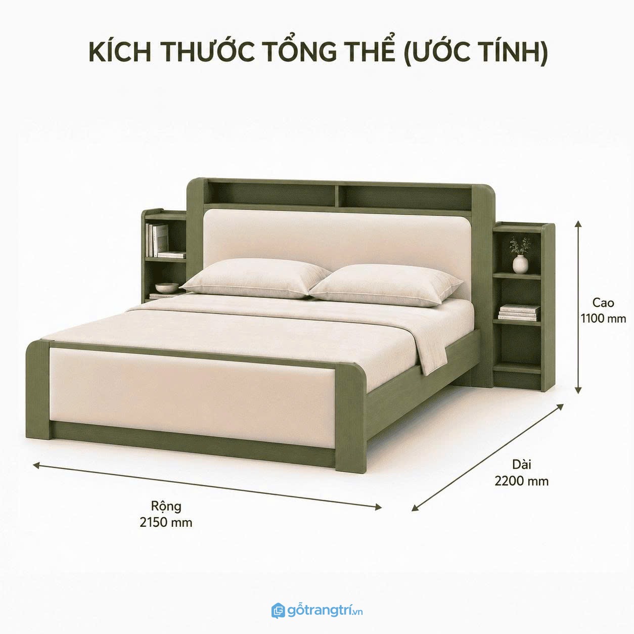 Giường ngủ có kệ đầu giường tích hợp màu xanh olive giúp tối ưu lưu trữ và nâng cao tiện nghi phòng ngủ
