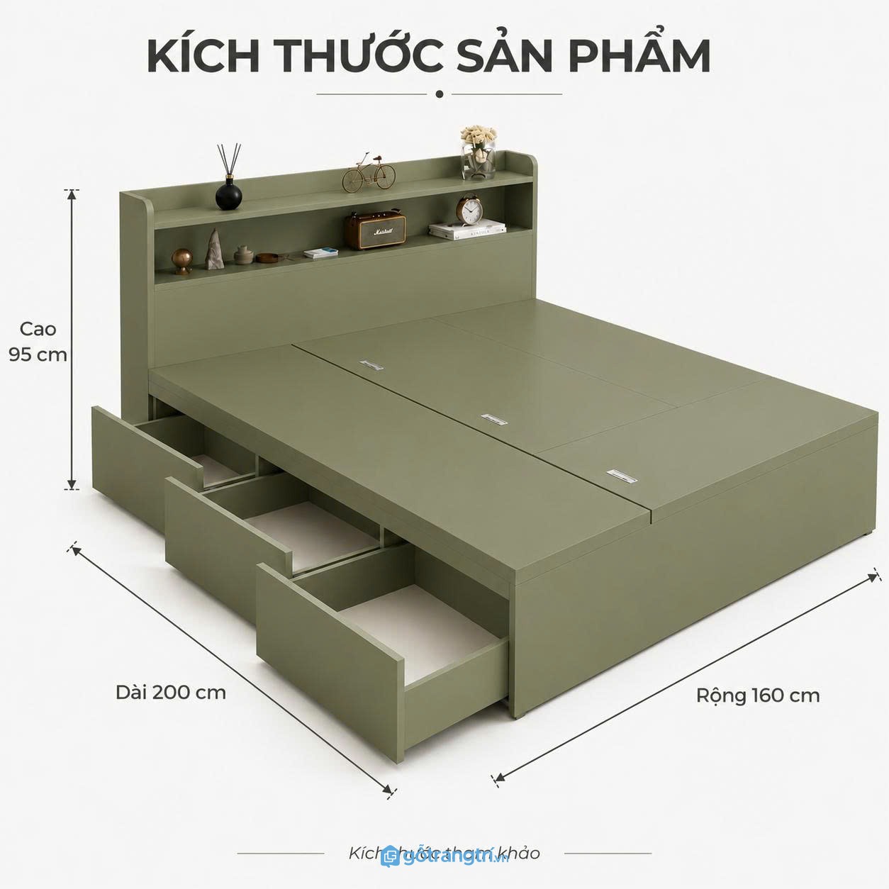 Giường ngủ có ngăn kéo lưu trữ màu xanh olive GHS-9003 - Giường lọt nệm 1m6x2m - Xanh olive - GHS-9003