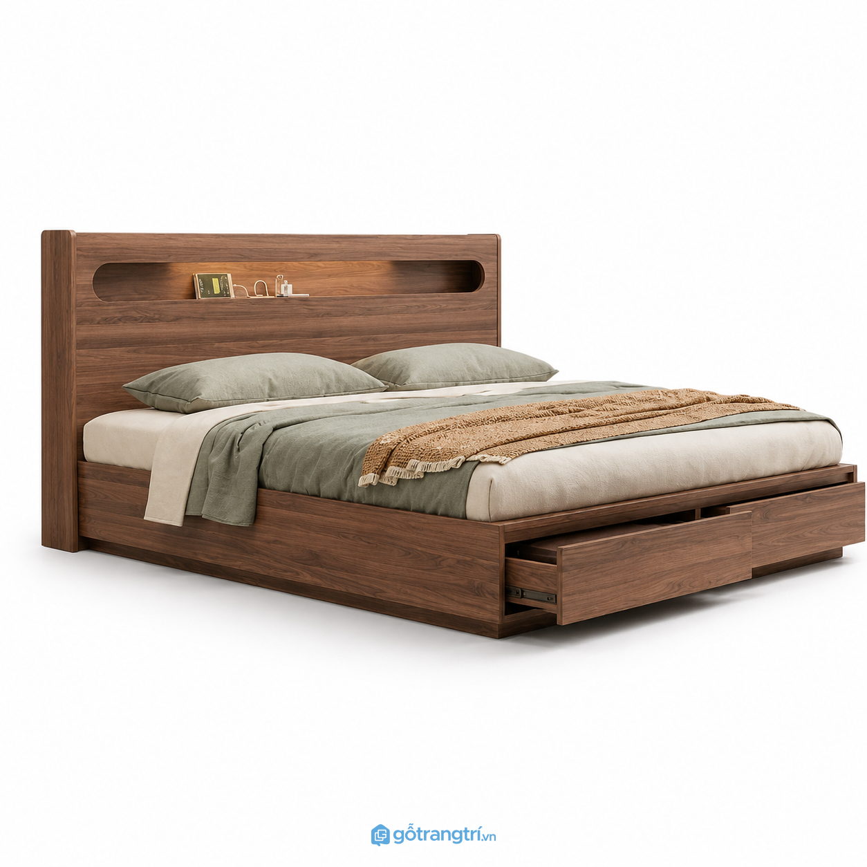 Giường Ngủ Có Ngăn Kéo Lưu Trữ Màu Xanh Olive GHS-9010 - Lọt đệm 1m8x2m - Màu gỗ 613
