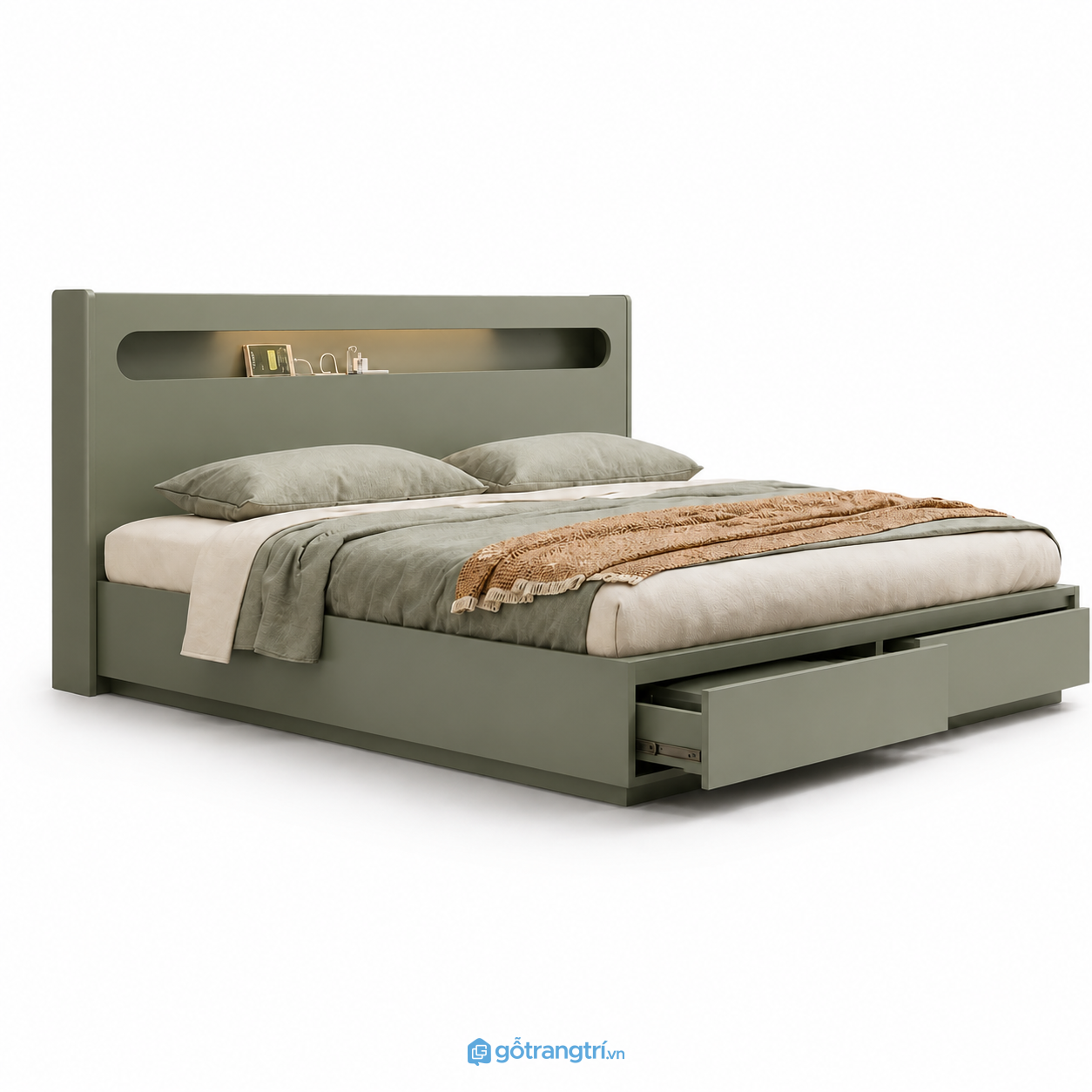 Giường Ngủ Có Ngăn Kéo Lưu Trữ Màu Xanh Olive GHS-9010 - Lọt đệm 1m8x2m - Xanh olive