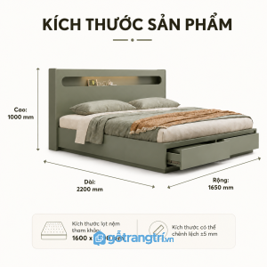 Giường ngủ có ngăn kéo lưu trữ màu xanh olive giúp tối ưu diện tích phòng ngủ