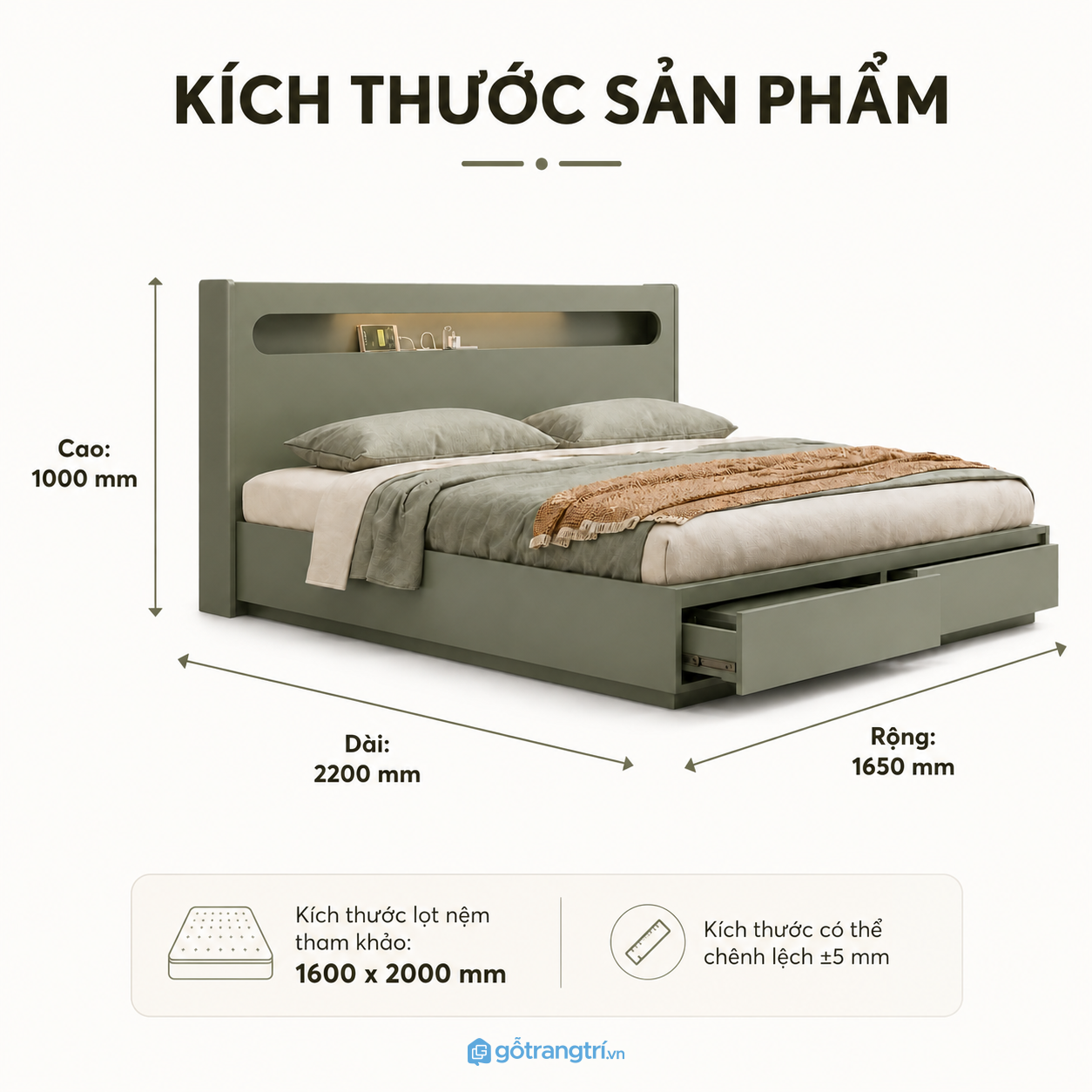 Giường ngủ có ngăn kéo lưu trữ màu xanh olive giúp tối ưu diện tích phòng ngủ