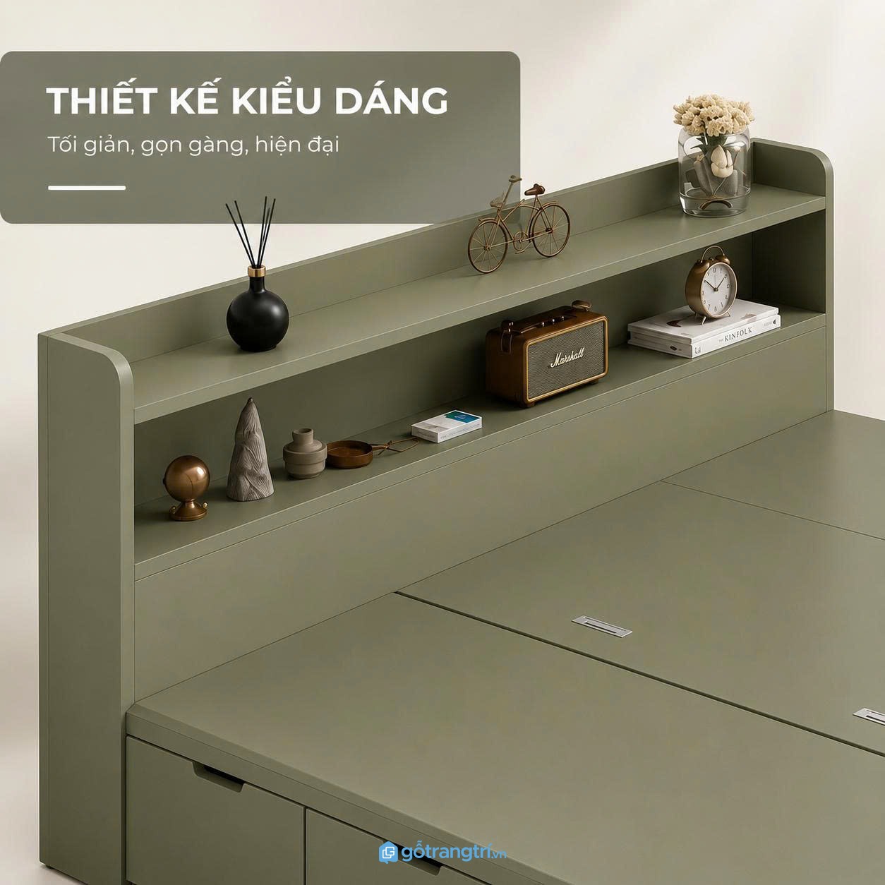 Giường ngủ có ngăn kéo lưu trữ màu xanh olive tối ưu diện tích phòng ngủ Giường ngủ có ngăn kéo lưu trữ màu xanh olive tối ưu diện tích phòng ngủ