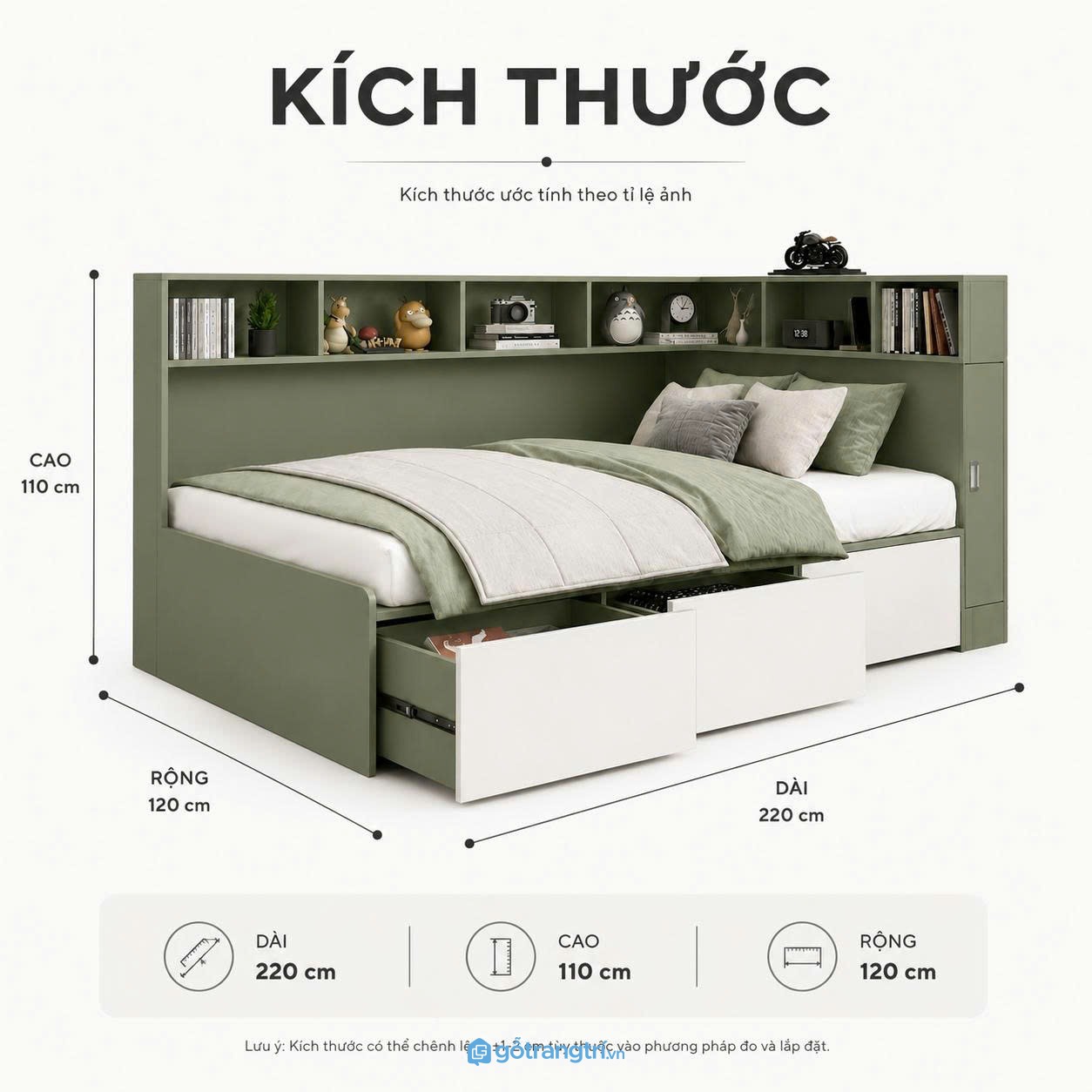 Giường ngủ đa năng có kệ đầu giường và ngăn kéo lưu trữ GHS-9006 - Giường lọt nệm 1m2x2m - Xanh olive - GHS-9006 Giường ngủ đa năng có kệ đầu giường và ngăn kéo lưu trữ GHS-9006 - Giường lọt nệm 1m2x2m - Xanh olive - GHS-9006