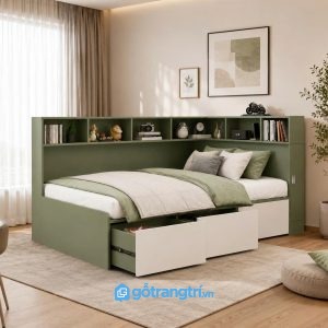 Giường ngủ đa năng có kệ đầu giường và ngăn kéo lưu trữ tối ưu diện tích sống