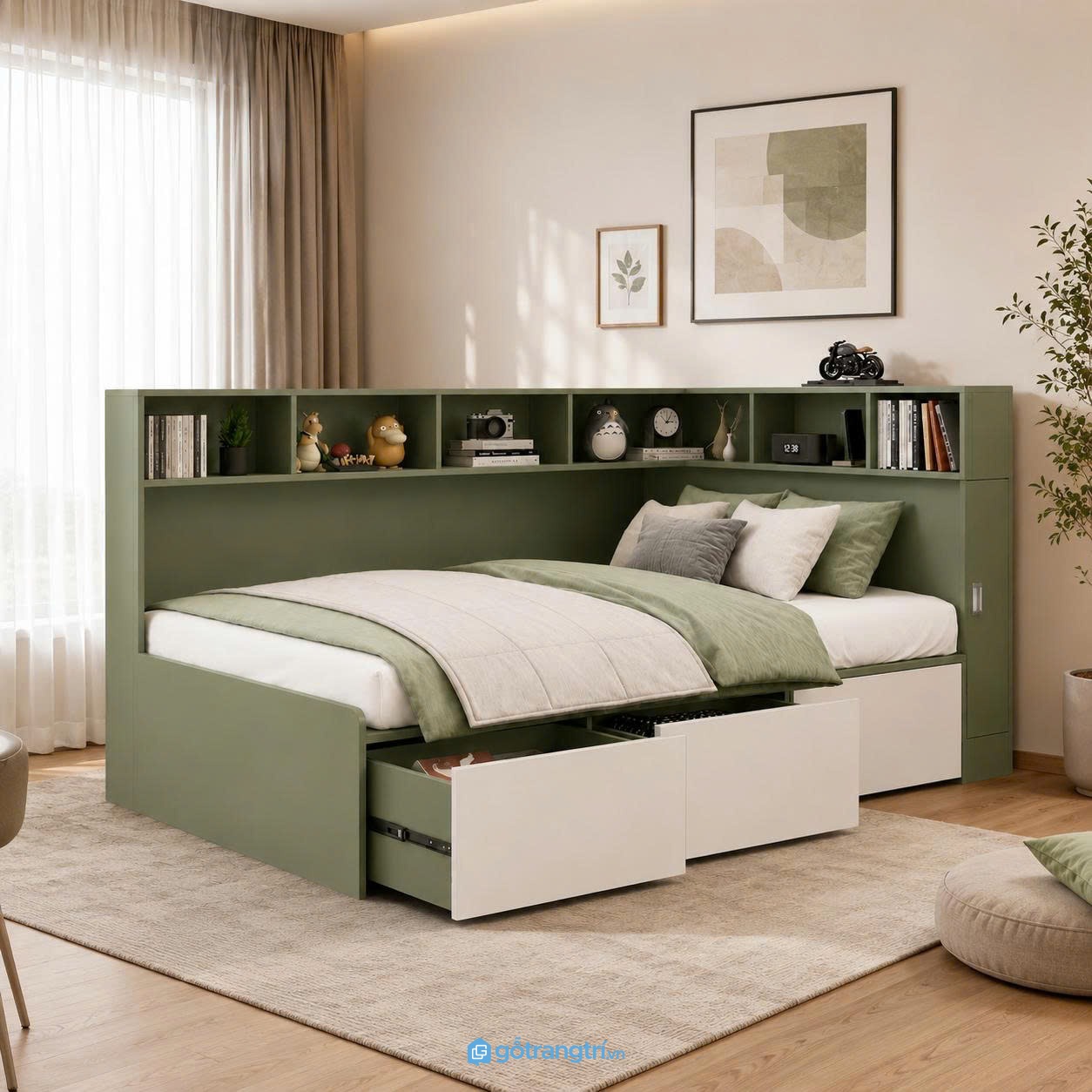 Giường ngủ đa năng có kệ đầu giường và ngăn kéo lưu trữ tối ưu diện tích sống