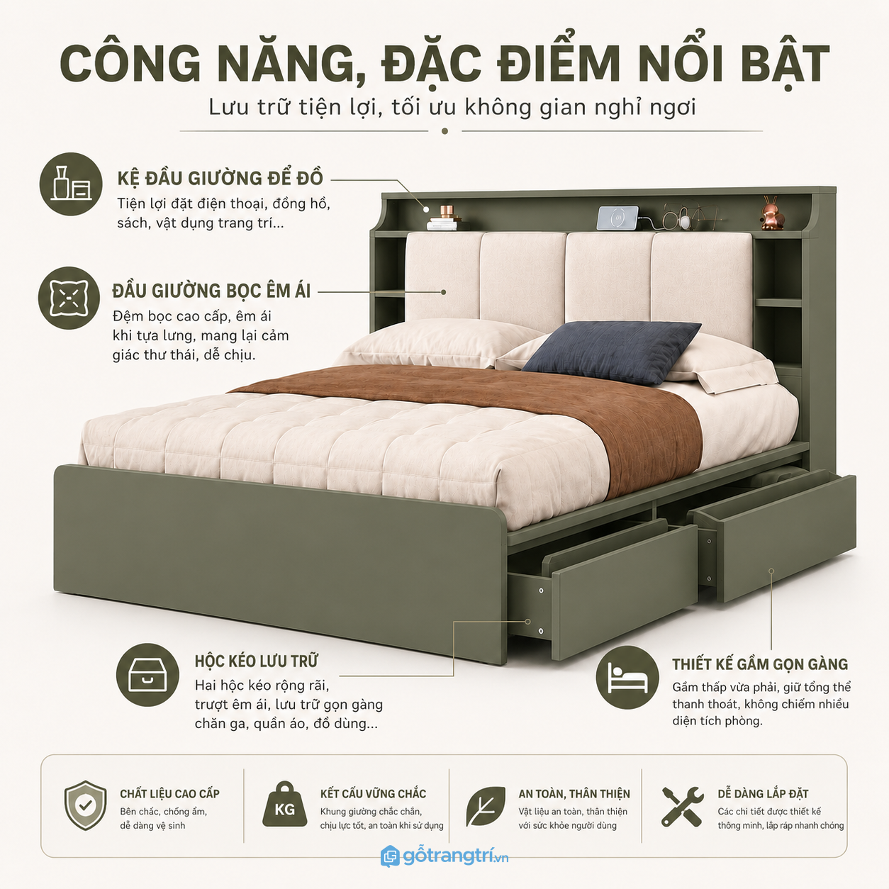 Hộc kéo lưu trữ rộng rãi giúp phòng ngủ gọn gàng Hộc kéo lưu trữ rộng rãi giúp phòng ngủ gọn gàng