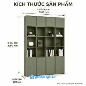 Kệ sách đứng nhiều ngăn màu xanh olive kết hợp tủ lưu trữ tiện dụng cho không gian sống hiện đại