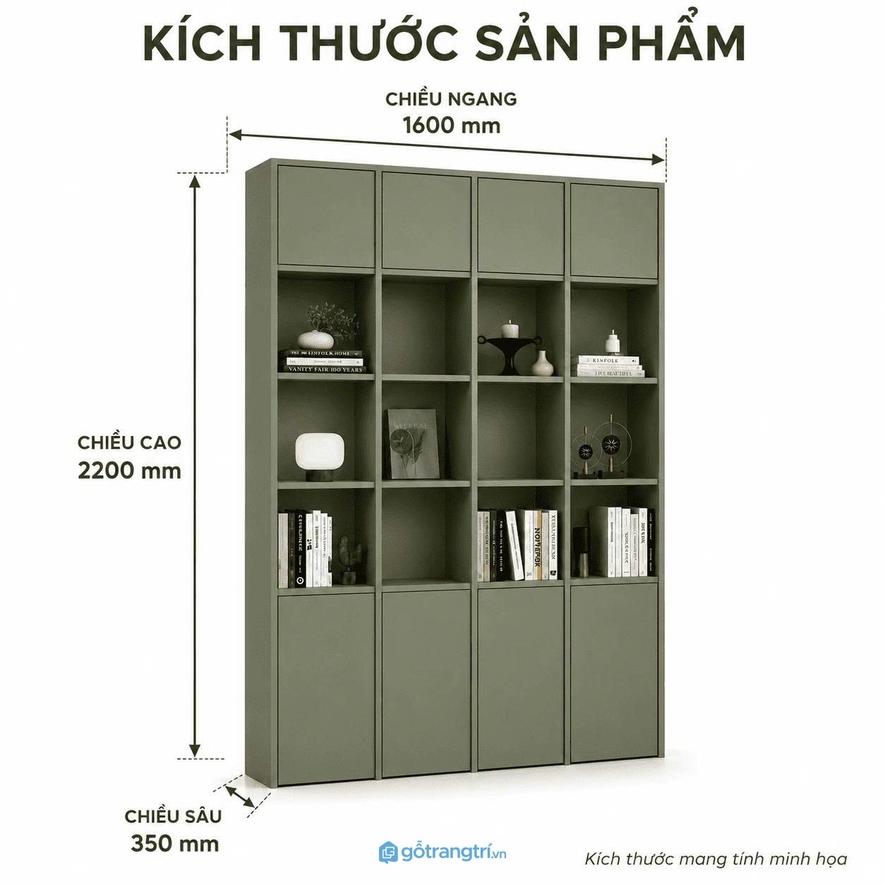 Kệ sách đứng nhiều ngăn màu xanh olive kết hợp tủ lưu trữ tiện dụng cho không gian sống hiện đại