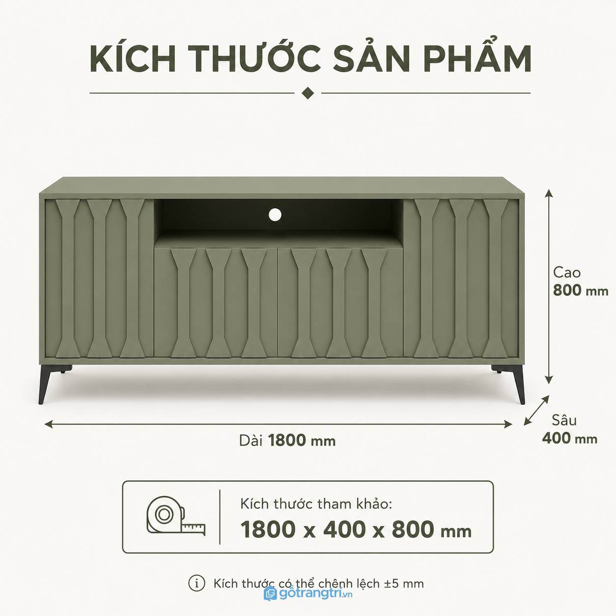 Kệ tivi màu xanh olive hiện đại với thiết kế panel nổi sang trọng
