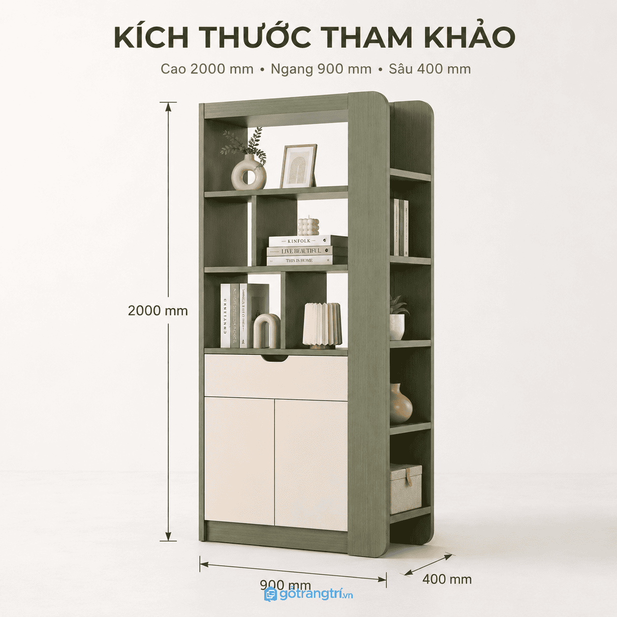 Kệ trang trí kết hợp tủ lưu trữ giúp không gian gọn gàng và thẩm mỹ hơn