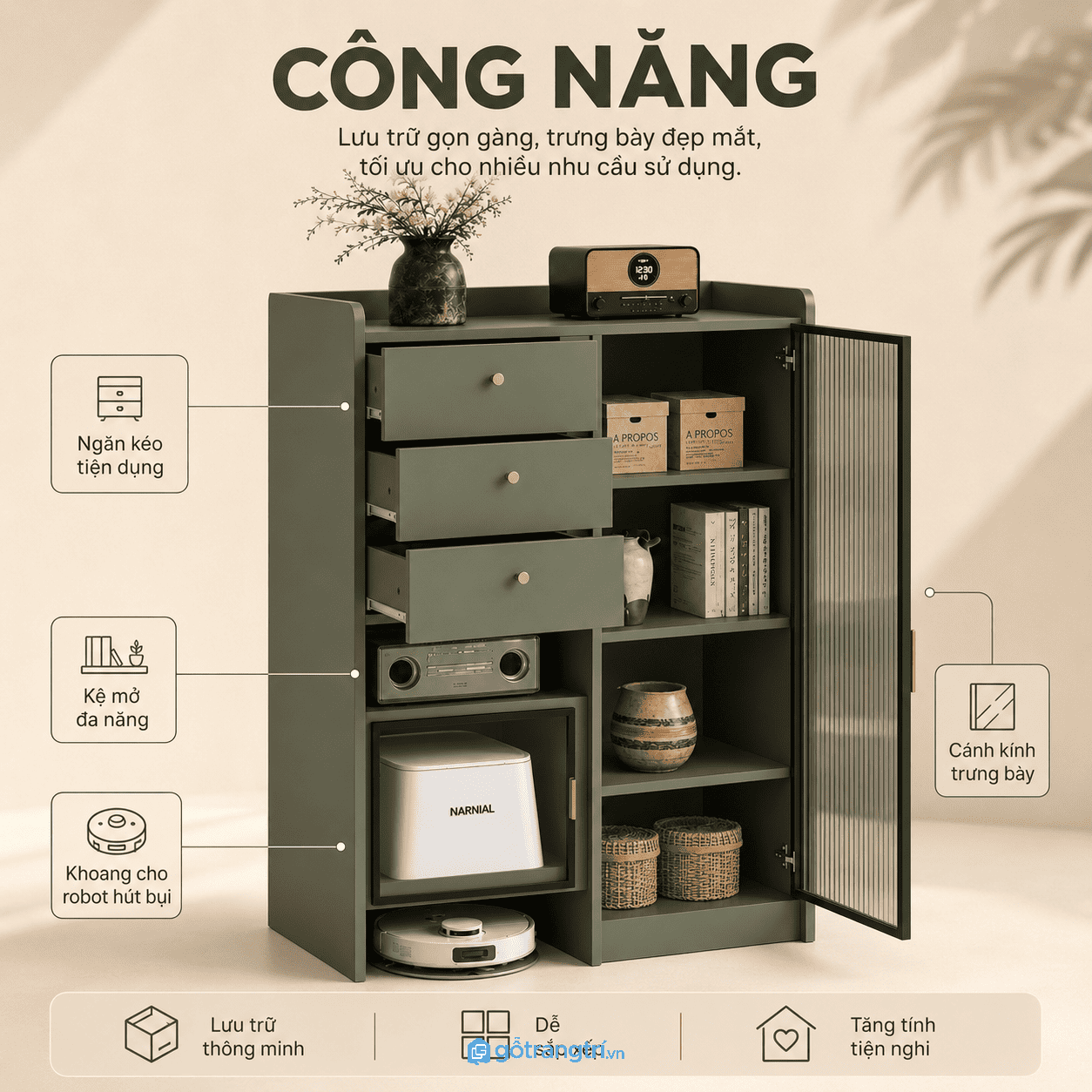Nhiều ngăn chứa giúp sắp xếp đồ dùng khoa học