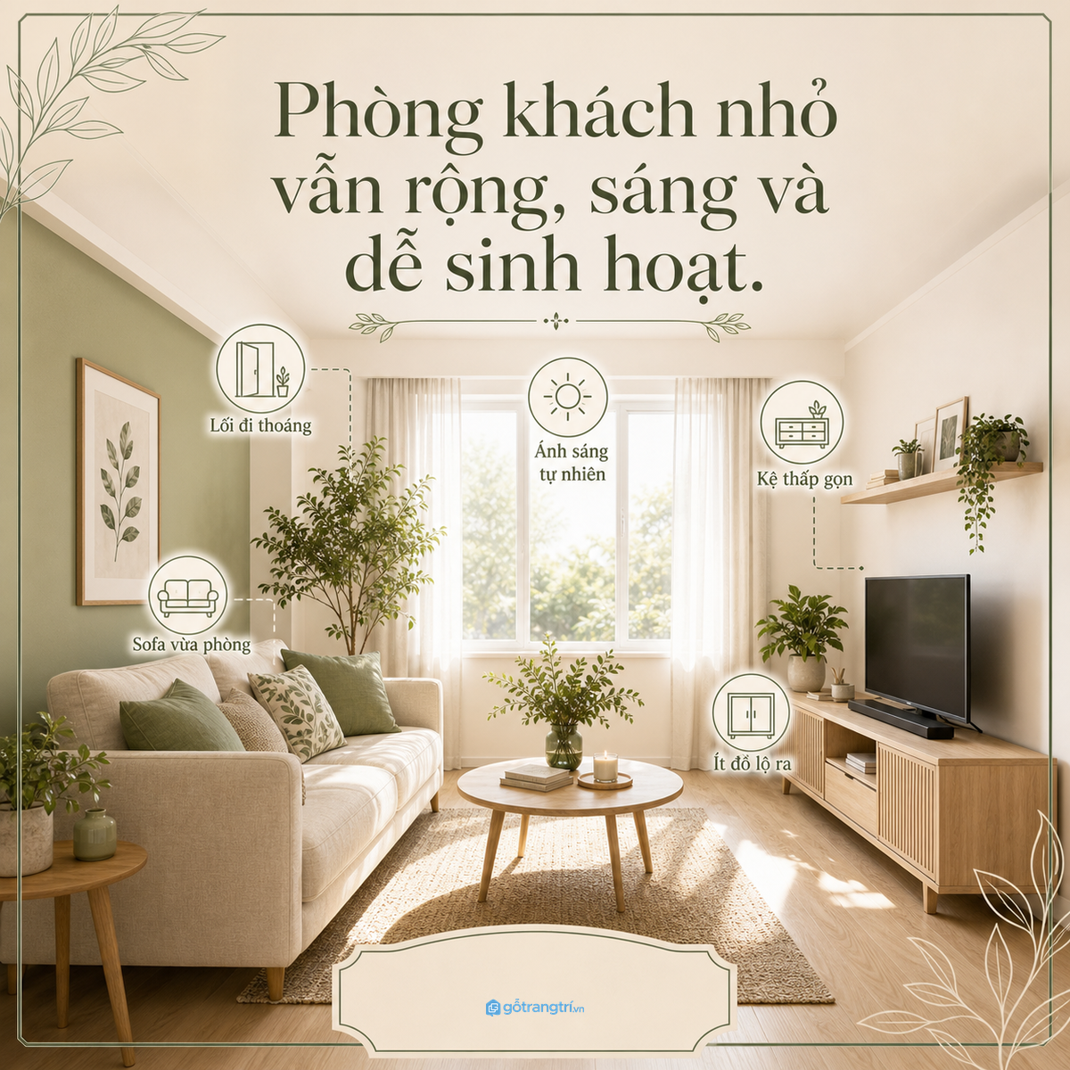 Phòng khách nhỏ vẫn có thể rộng, sáng và dễ sinh hoạt nếu bố trí theo lối đi, tỷ lệ đồ và ánh sáng.