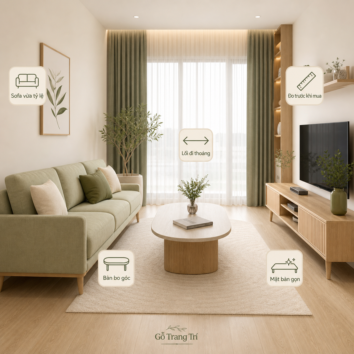 Sofa và bàn trà vừa tỷ lệ giúp phòng khách nhỏ thoáng hơn mà vẫn đủ tiện nghi.