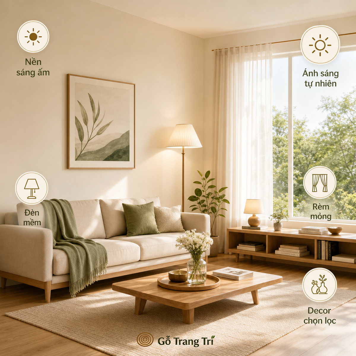 Ánh sáng tự nhiên, màu sáng ấm và decor tiết chế giúp phòng khách nhỏ rộng hơn về cảm giác.