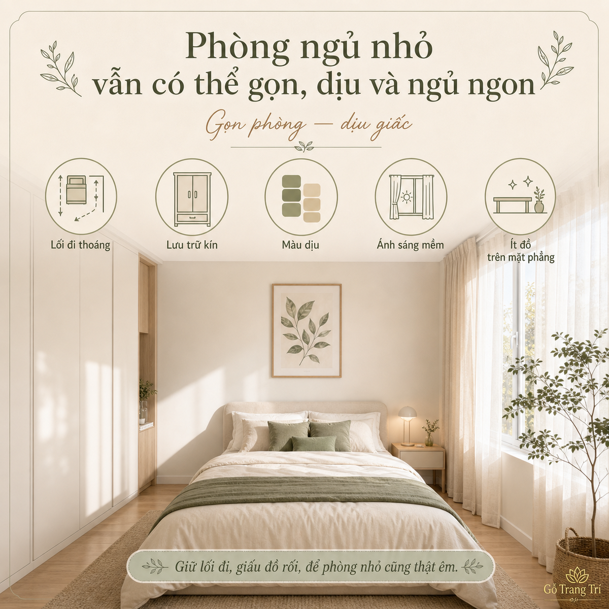 Phòng ngủ nhỏ vẫn có thể gọn, dịu và dễ ngủ nếu bố trí đúng lối đi, lưu trữ, màu sắc và ánh sáng.