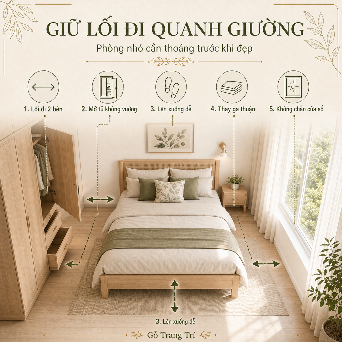 Giữ lối đi quanh giường giúp phòng ngủ nhỏ dễ dùng hơn mỗi ngày.