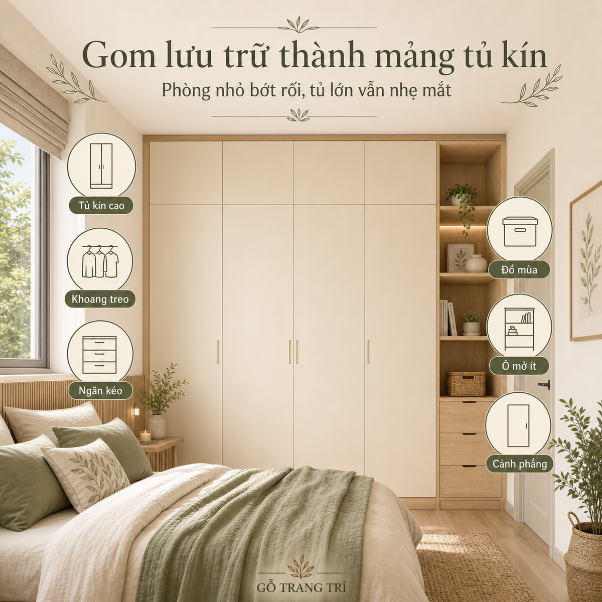 Mảng tủ kín cao sát trần giúp phòng ngủ nhỏ bớt rối mà vẫn đủ chỗ cất đồ.