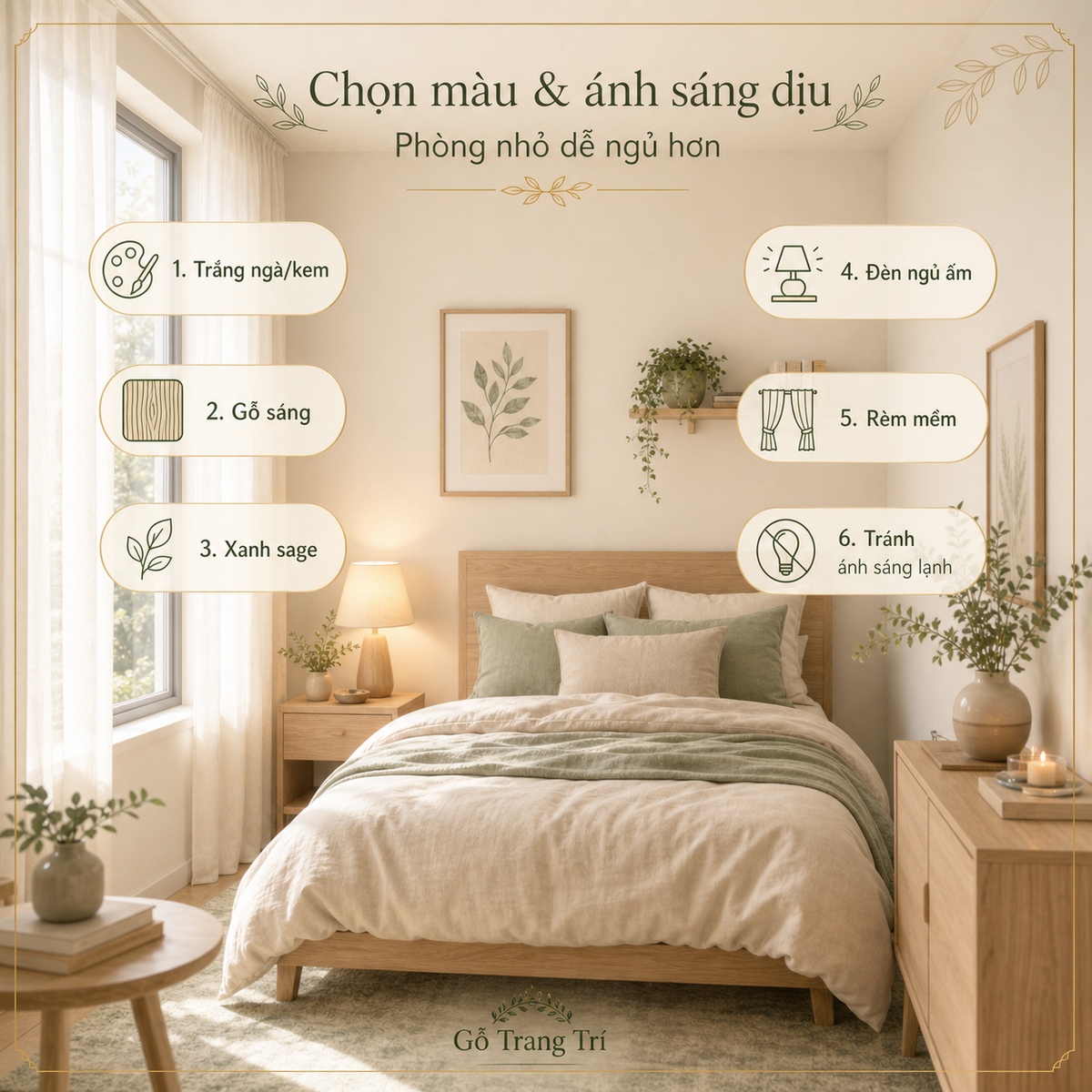 Bảng màu dịu và ánh sáng mềm giúp phòng nhỏ có cảm giác nghỉ ngơi hơn.
