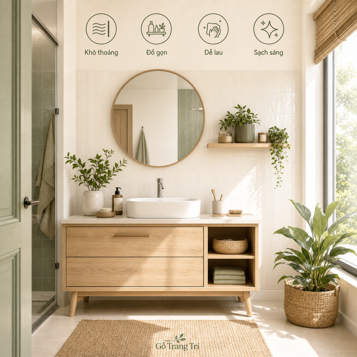Phòng tắm nhỏ vẫn có thể khô thoáng, gọn và dễ chăm nếu kiểm soát tốt ẩm, đồ dùng và ánh sáng.