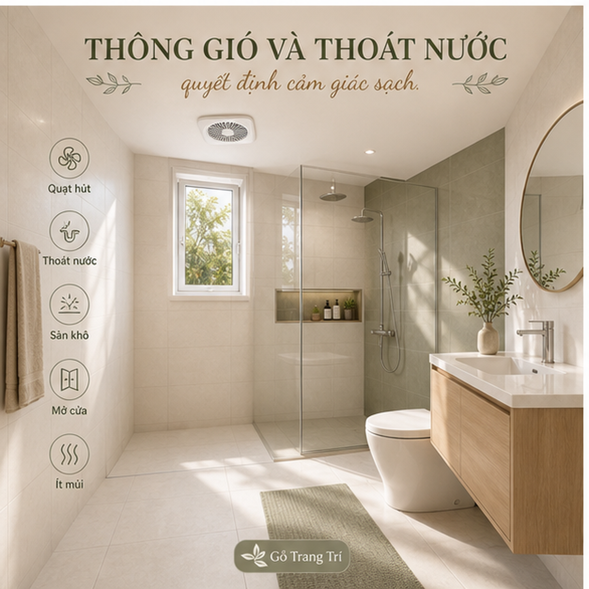 Thông gió, thoát nước và thói quen giữ khô quyết định cảm giác sạch của phòng tắm.