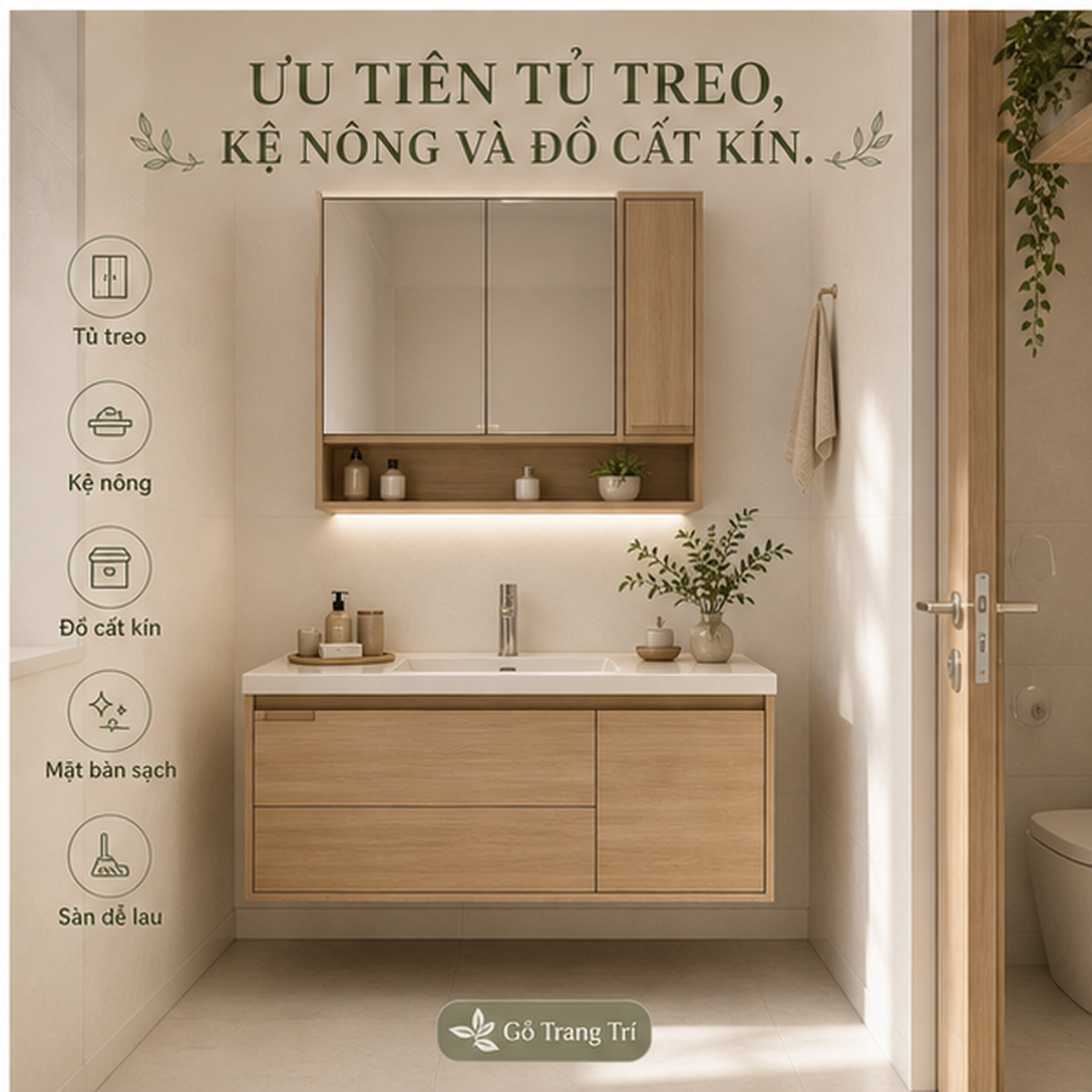 Tủ treo, kệ nông và lưu trữ kín giúp mặt lavabo gọn hơn.