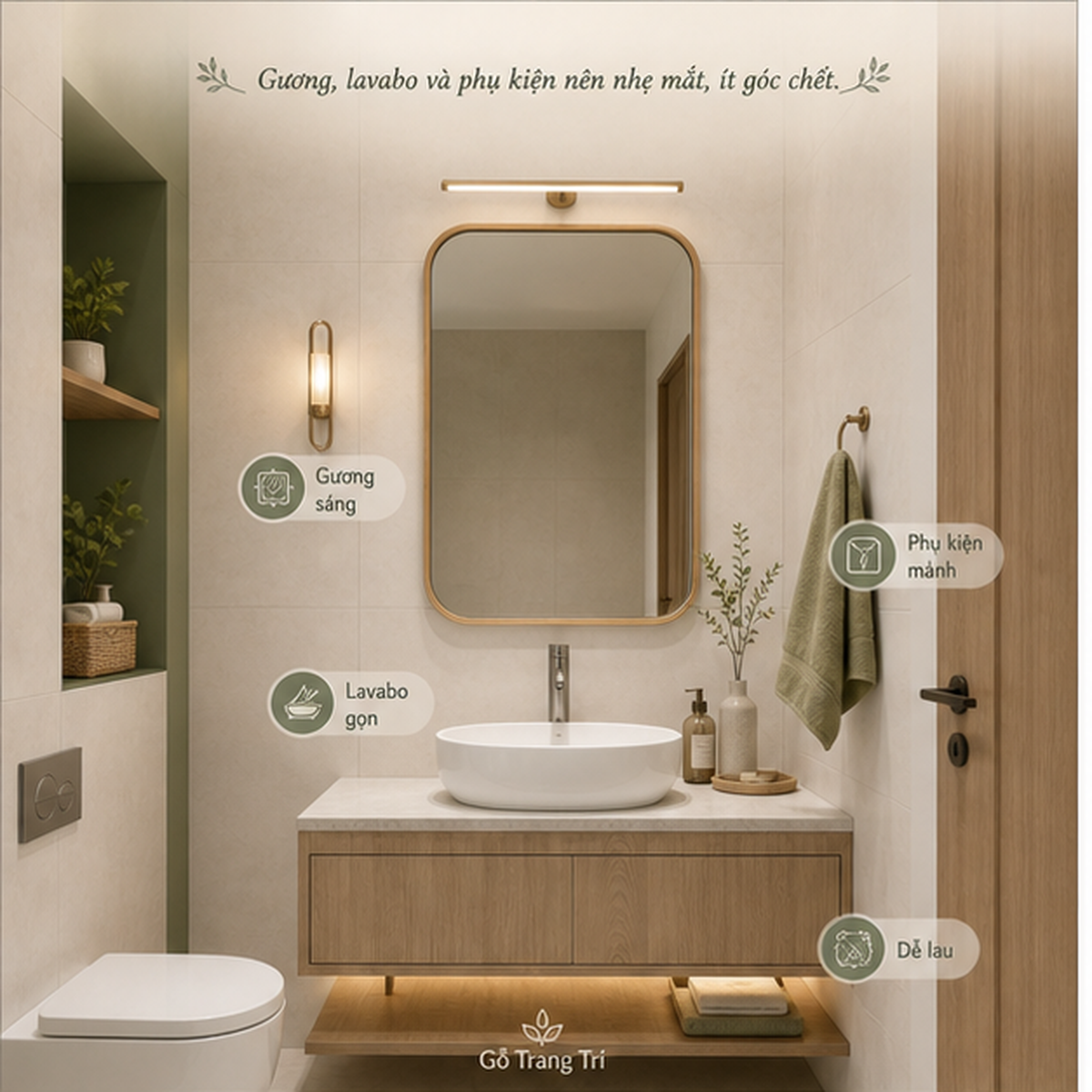 Gương, lavabo và phụ kiện nhẹ mắt làm phòng tắm nhỏ thoáng hơn.